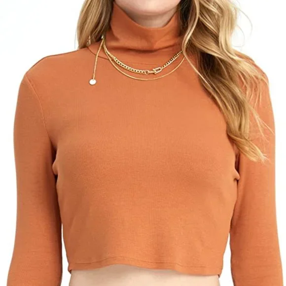 Tops Orange Brown Crop Top Long Sleeve Turtle Neck T Shirt